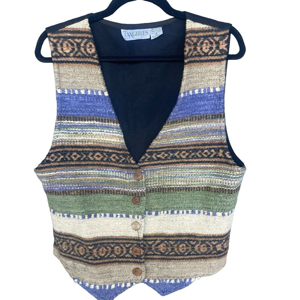 Tangibles Womens Vest Medium Cotton Aztec Southwestern Button Up Tie Back‎ Boho